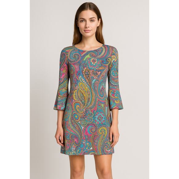 Tommy Hilfiger Paisley Bell Sleeve Dress Size 4 Multicolor Stretch NWT - Picture 1 of 10